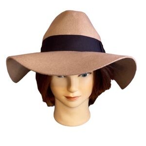 H&M Flare Wool Felt Fedora Neutral Tan with Black Ribbon